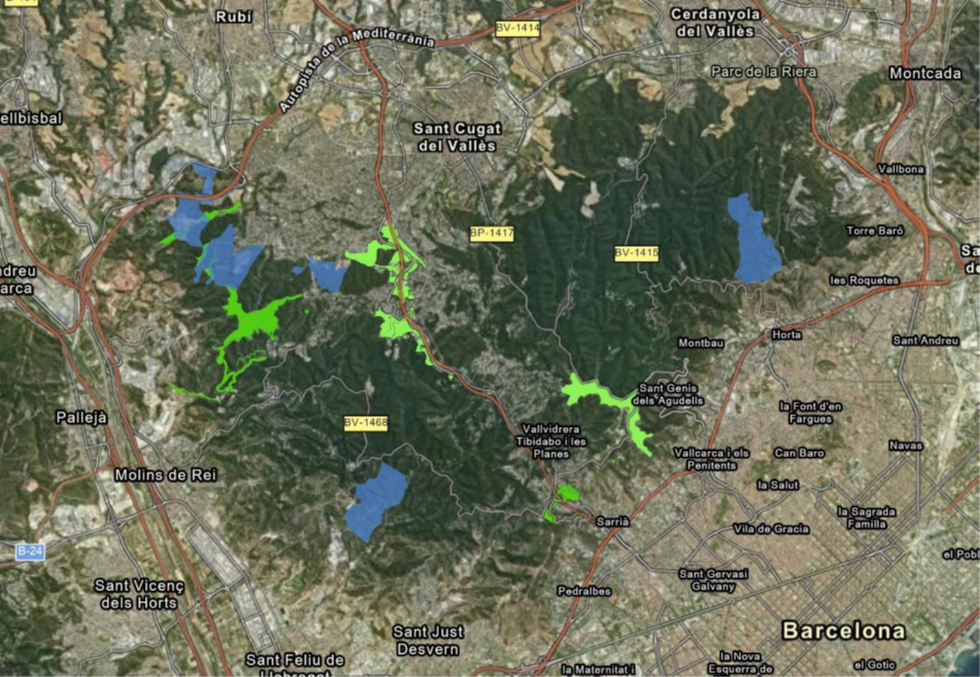 Plànol de les zones on està previst desenvolupar actuacions: en blau, mitjançant iniciativa privada, i en verd, mitjançant encàrrec directe per part de la Generalitat