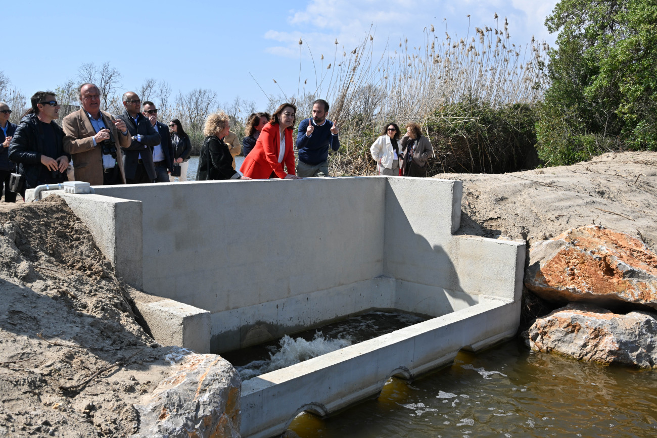 La consejera Paneque observa una de las obras acompañada por la alcaldesa de Viladecans, Olga Morales, el director general de Transición Hídrica, Jordi Agustí, y el director de la Agencia Catalana del Agua (ACA), Josep Lluís Armenter, entre otros