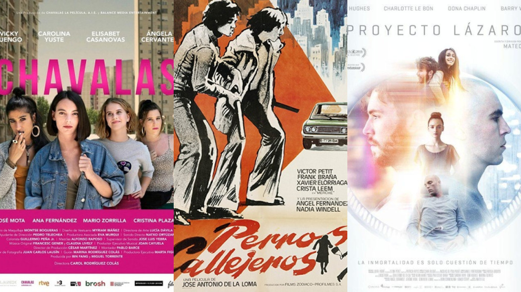  Carteles de tres de las películas en las que Cornellà aparece o han sido rodadas en la ciudad: Chavalas, Perros callejeros y Proyecto Lázaro