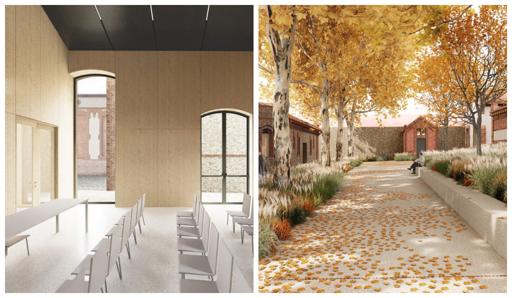 Imágenes de cómo quedará el interior de la sala polivalente de Can Trinxet y la plaza interior una vez finalice su rehabilitación en el verano de 2027