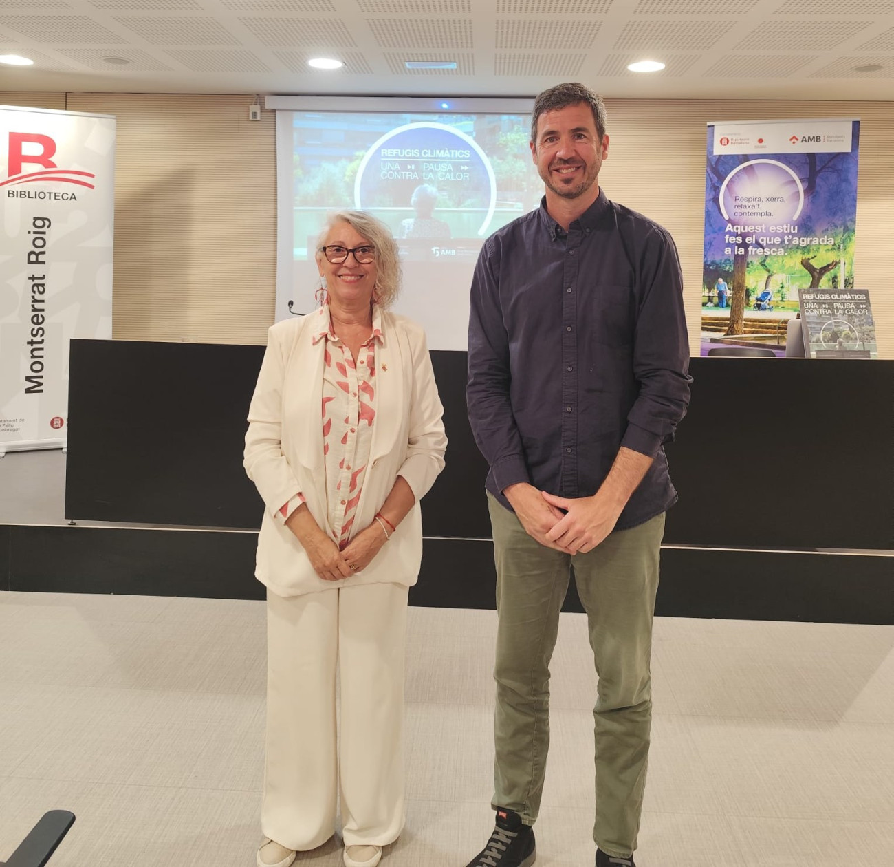 Lourdes Borrell, alcaldesa de Sant Feliu, y el conseller delegado de Acción Climática del Área Metropolitana de Barcelona (AMB), Guillem López, tras la presentación de la nueva red