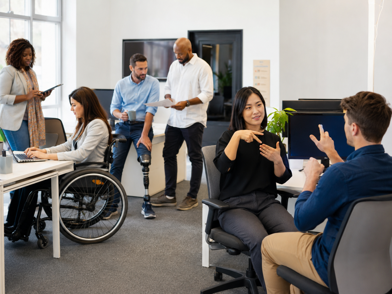 Imagen que agrupa a diferentes personas con distintas capacidades dentro del mundo laboral