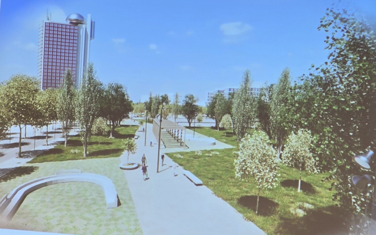 Render del bosque que se hará en el lado mar de la Gran Vía y desde donde se verá el Hotel Hesperia, identificable por el platillo que corona su azotea