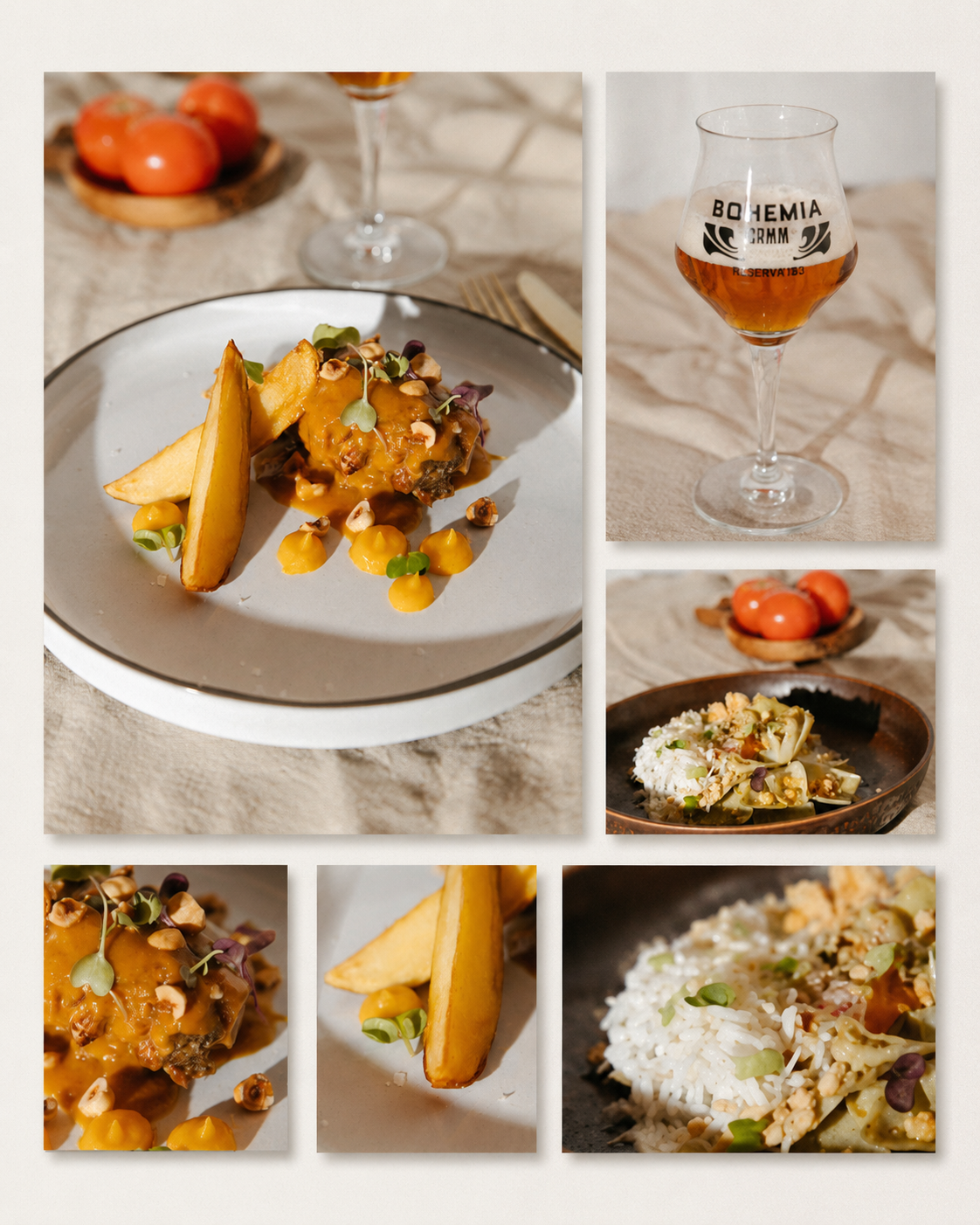 Collage de plats de pota blava amb cervesa Damm, que té la fàbrica al Prat