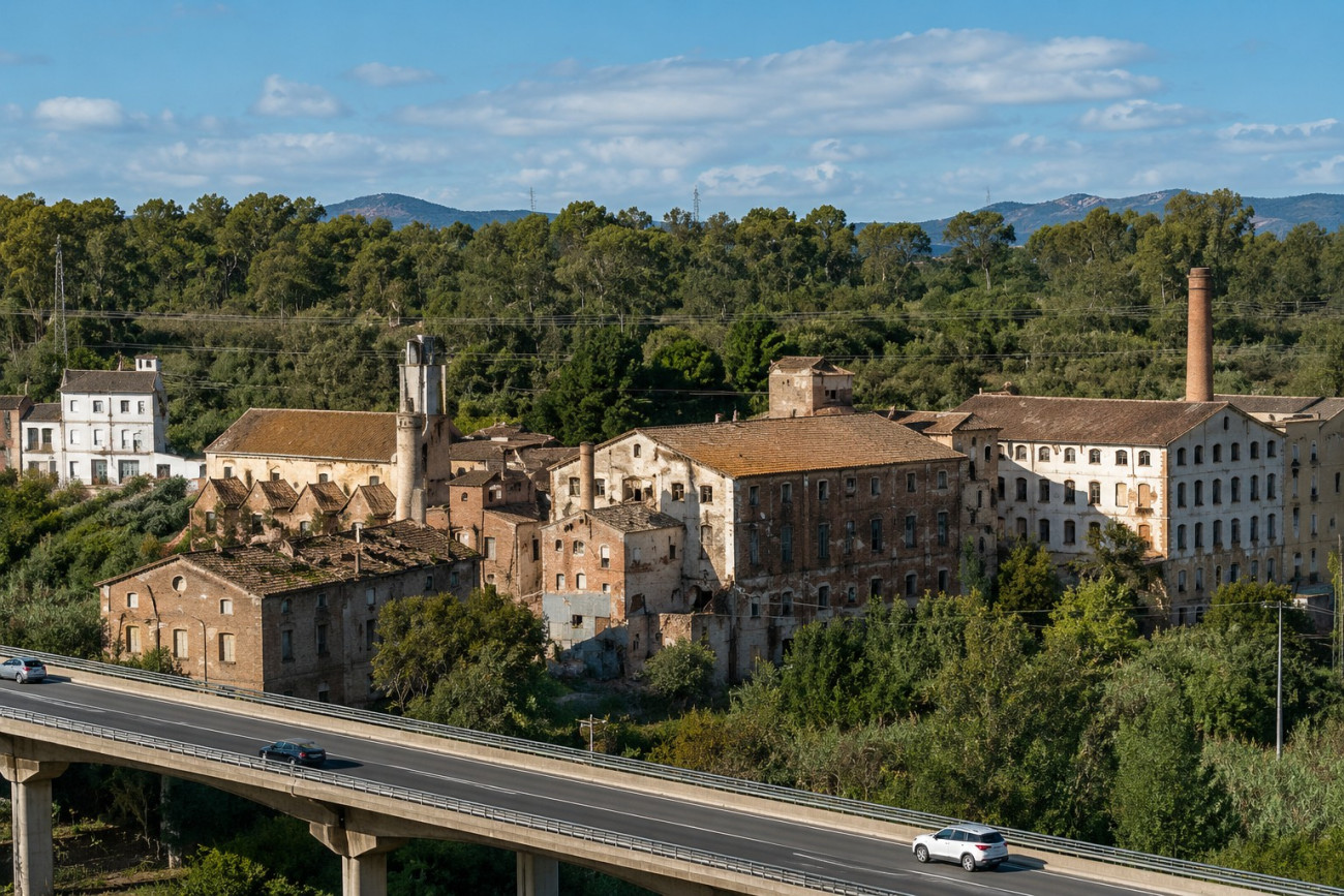 Imatge de l’antiga fàbrica i colònia de Can Bros, al costat de l’autopista, a l’altura de Martorell