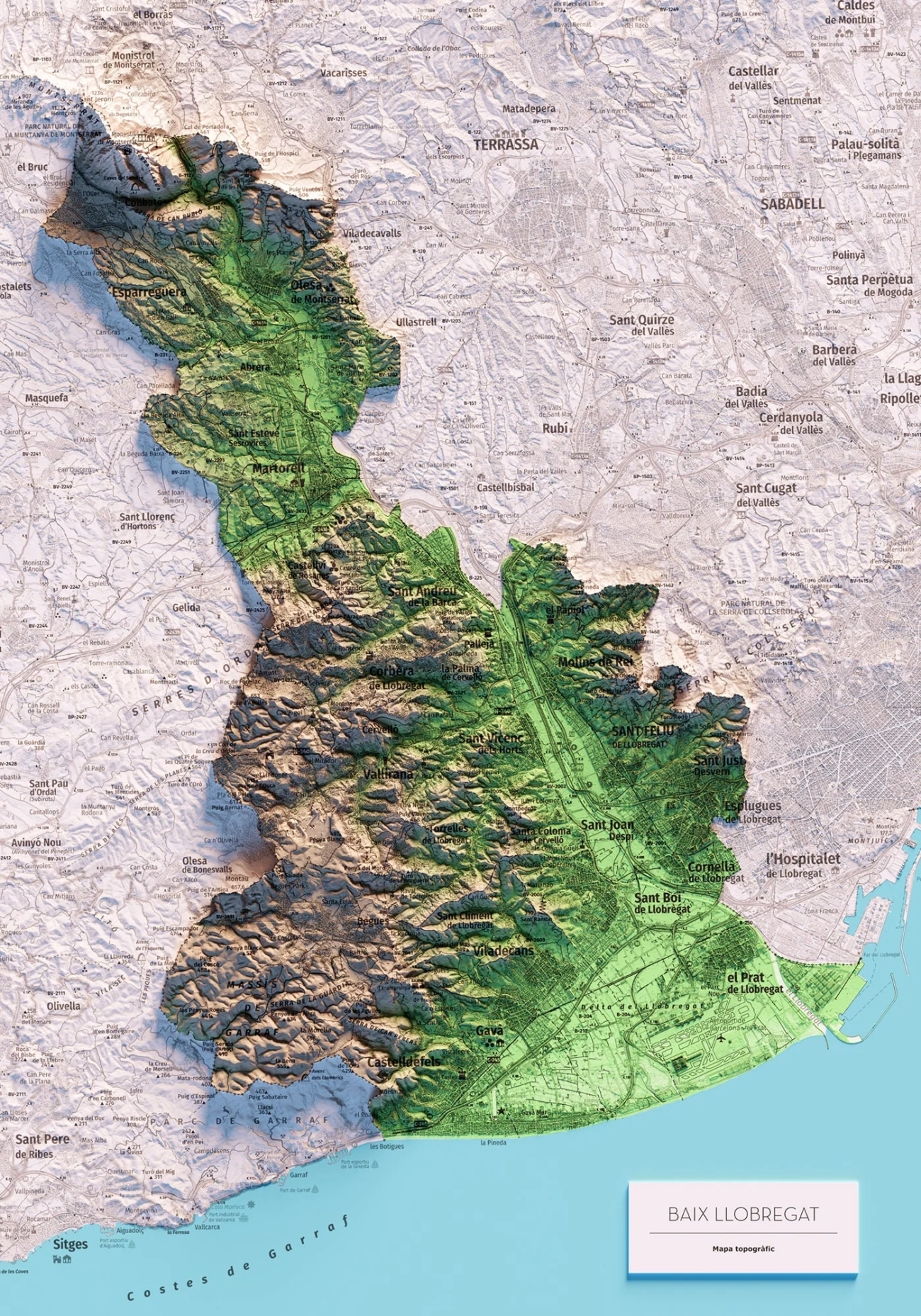 Mapa del Baix Llobregat. La majoria dels municipis de la comarca pertanyen a l’AMB, excepte els del nord, a partir de Sant Andreu de la Barca