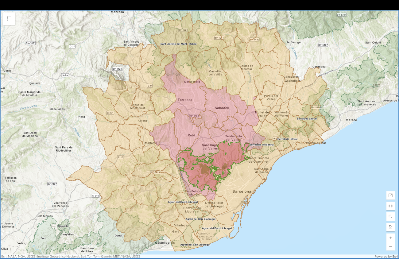 Mapa de les zones afectades per les mesures de bioseguretat derivades de la pesta porcina africana a l´entorn de Collserola. Font: Consorci del Parc Natural de la Serra de Collserola