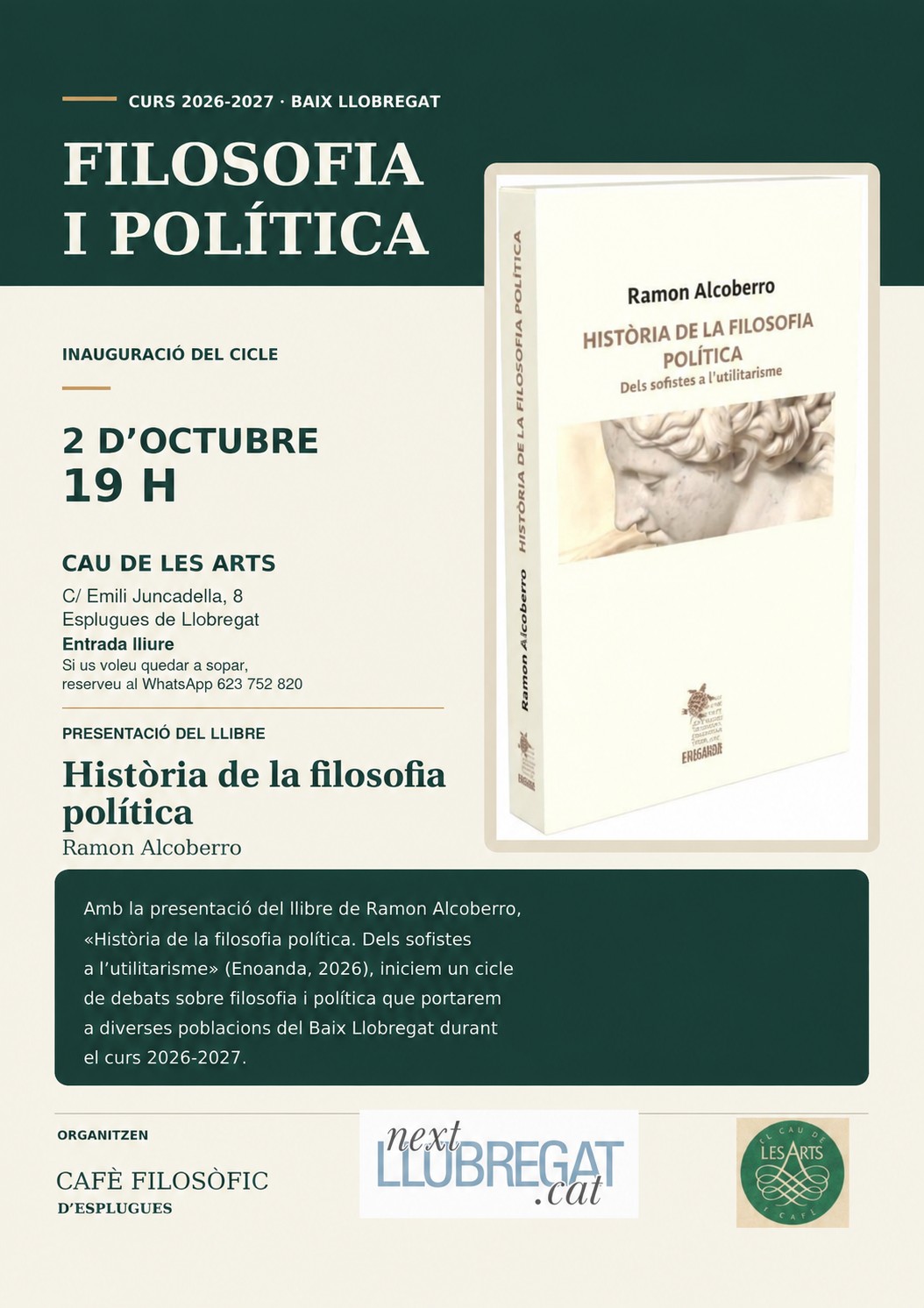 Flyer de la sessió inaugural del cicle Filosofia i Política, el 2 d’octubre, al Cafè Filosòfic d’Esplugues.