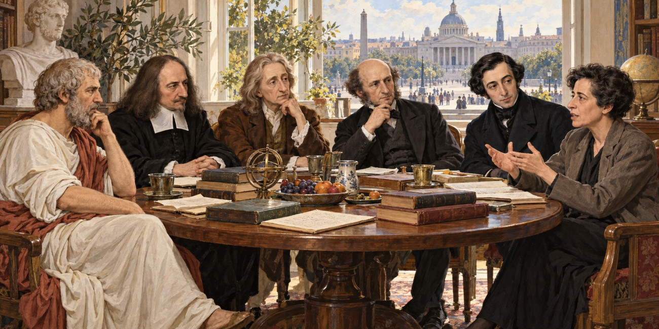  Aristòtil, Hobbes, Locke, Mill, Tocqueville i Hannah Arendt conversen tranquil·lament al voltant d’una taula en aquesta il·lustració. Arendt pren la paraula mentre els altres l’escolten. Durant el curs es dialogarà sobre les idees d’aquests i altres filò