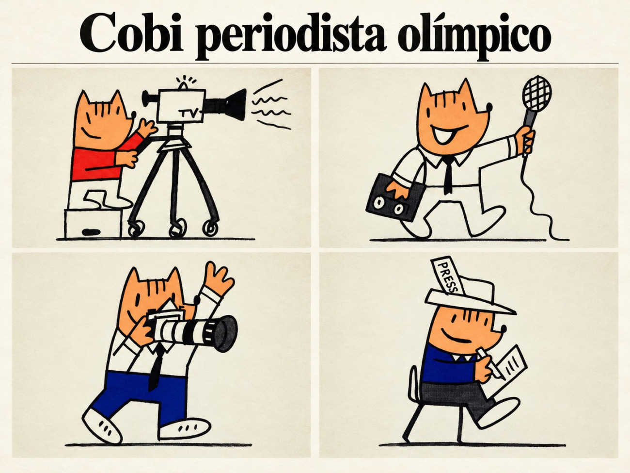 Diferents versions de la mascota olímpica Cobi fent de periodista dels diversos mitjans de comunicació.