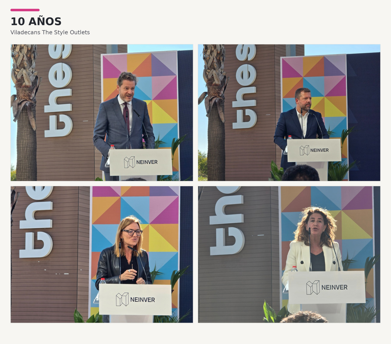 En la celebració de la primera dècada de l’outlet han intervingut els responsables de Neinver, Eduardo Ceballos i Joan Roures, la directora general de Comerç de la Generalitat, Marta Angerri, i l’alcaldessa de Viladecans, Olga Morales.
